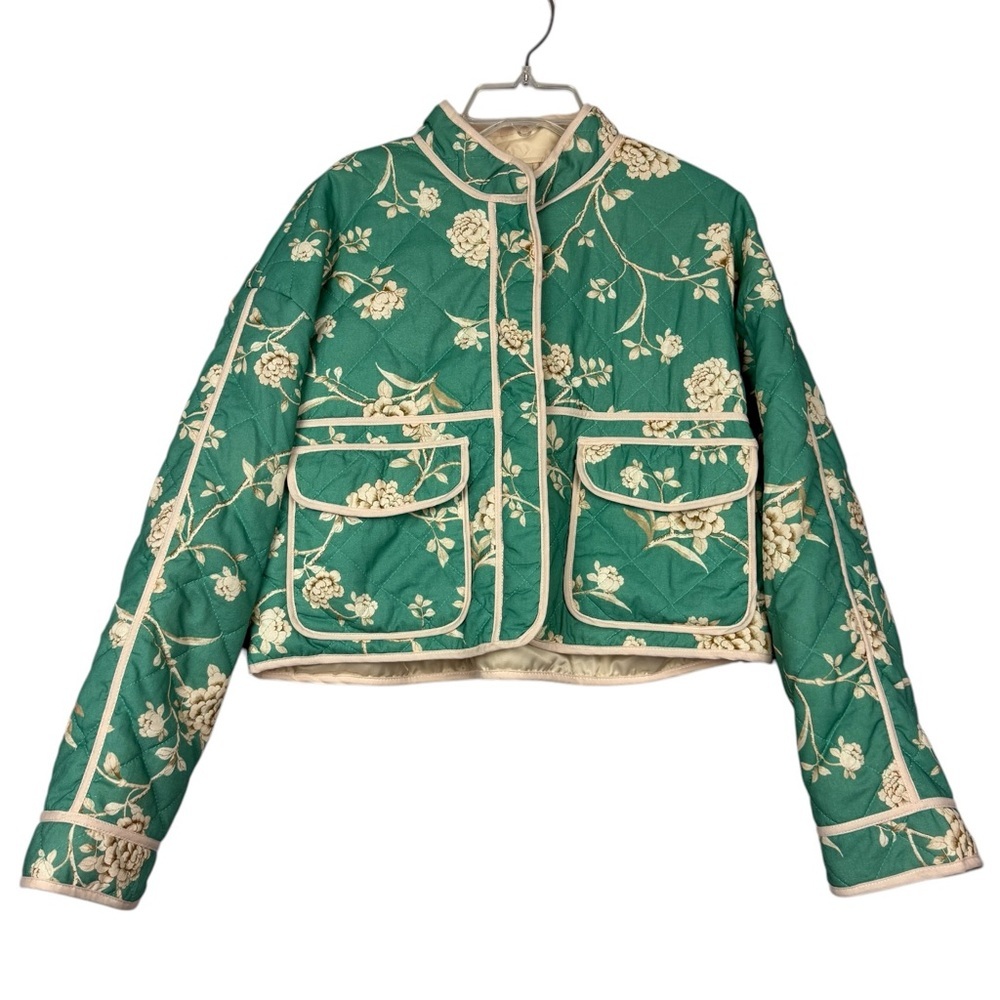 7 for All Mankind Mint Green Floral Quilt Button Jacket